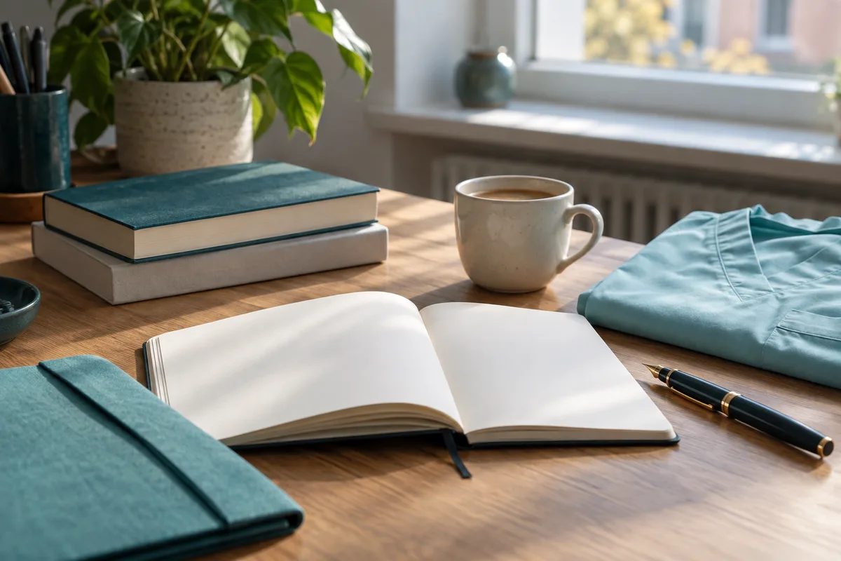 Aufgeschlagenes Heft, Bücher und Pflegekleidung auf einem Schreibtisch im Tageslicht